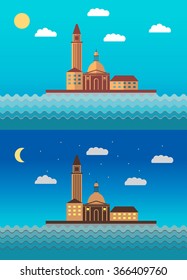Flat landscape with the image of the houses standing at water