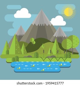 Flat landscape lake in the mountains vector graphics