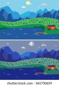 Flat landscape of lake surrounded by mountains. Small house and dock. The change of night and day. Day and night landscape