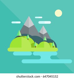 Flat landscape with lake, trees and mountains