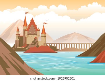 Flat landscape with medieval castle on rocks in sea vector illustration