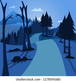 Flat Landscape Montain with Pine Trees and Road