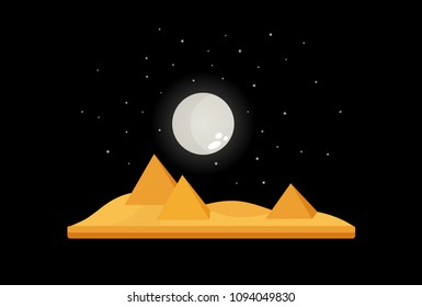 Flat landscape with moon, desert, sand and pyramid.