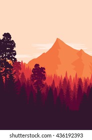 Flat landscape of mountain and forest in evening in warm tone. Vector illustration