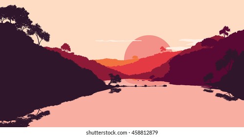 Flat landscape of mountain, lake and forest in evening in warm tone. Vector illustration