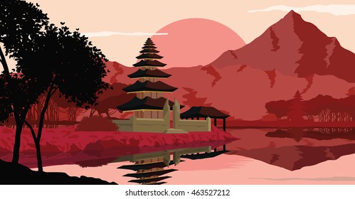 Flat landscape of mountain, lake and forest in evening, in warm colors, in orange tone, Vector illustration. Chinese build.