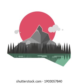 Flat landscape of mountain, lake, trees and sun. 