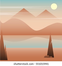 Flat landscape of mountain and lake. Vector illustration