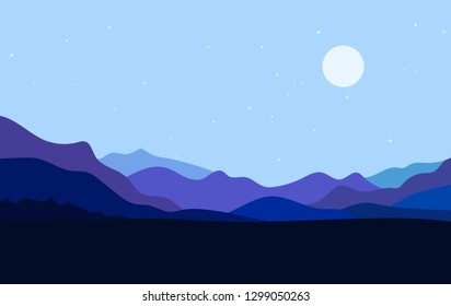 Flat landscape with Mountain Peaks and Moon at night. Vacation and Outdoor Banner. Recreation and Meditation Texture Concept. Serenity Vector illustration background.