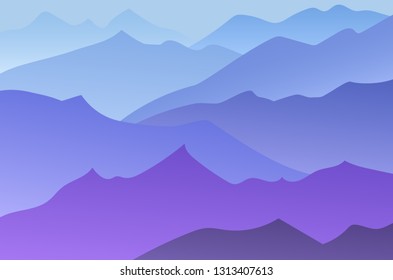 Flat landscape with Mountain Peaks in purple and blue shades with gradient at night. Vacation and Outdoor Banner. Recreation, Restore and Meditation Texture Concept. Serenity Vector background. 