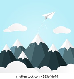 Flat landscape with mountains cloud and paper plane in blue sky ,vector design