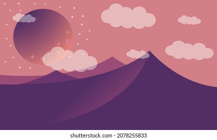 Flat landscape of mountains, clouds, stars, moon and with cool background. Vector Illustration