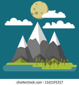 flat landscape with mountains and moon in the sky