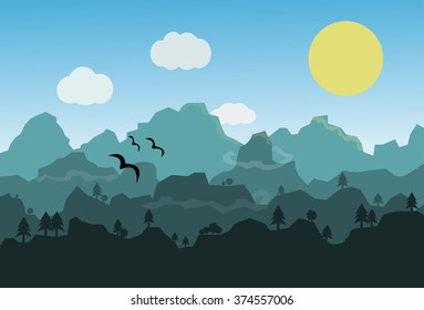 Flat landscape with mountains over the Moon & Birds. Vector illustration.
