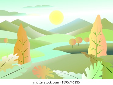 flat landscape mountains, river, tree, leaves, fantasy color space vector flat design illustration