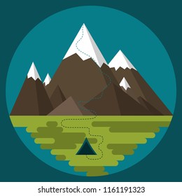 flat landscape with mountains, tent and trail in a frame