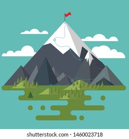 Flat landscape. Mountains, trees and hills. Red flag on the highest peak. Route to the peak. The path to the goal. Achieve the desired