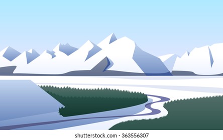Flat landscape of mountains and valley with river and forest