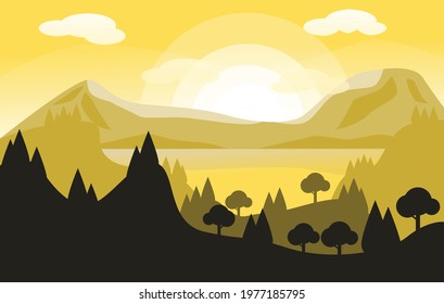 flat landscape natural view of the mountains with charming golden summer sunshine.