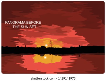 Flat landscape panorama sunset, vector illustration