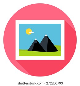 Flat Landscape Picture Circle Icon with Long Shadow. Vector Illustration of Photo Flat Stylized