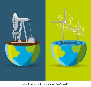 flat landscape releated with windpower and fossil energy over planet