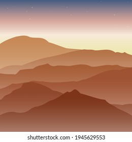 Paisaje plano con montañas arenosas sobre el fondo del cielo del amanecer con estrellas. Un paisaje de tendencia minimalista
