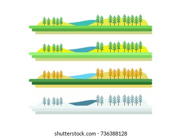 Flat landscape scene of rolling hills with a row of trees in a four season collection