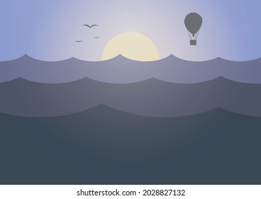 Flat landscape with sea, sunset and baloon. Vector illustration.