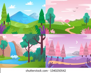 Paisagem plana. Natureza do campo de verão, fauna da floresta e paisagens de cachoeira. Montanhas e céu nublado, panorama de floresta ou bela paisagem vista vetor ilustração de fundo