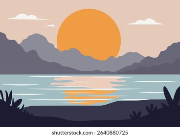 Flat landscape with sunset over mountains and lake. Beautiful calm water reflect big sun. Natural background for relaxation and travel.