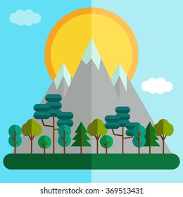 Flat landscape sunset or sunrise in mountains.