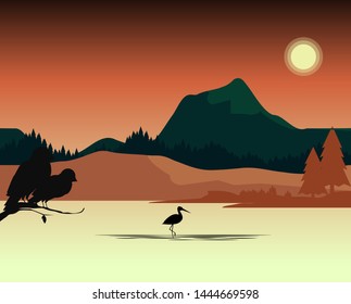 flat landscape sunset view on the lake