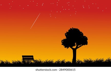 Flat landscape vector illustration featuring a tree, park bench, and shooting star under a starry night sky for background design.