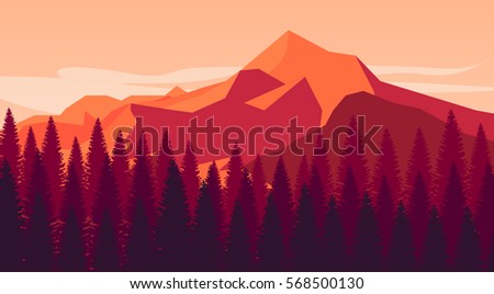 Flat landscape vector and illustration with trees and hill, Sunset flat landscape