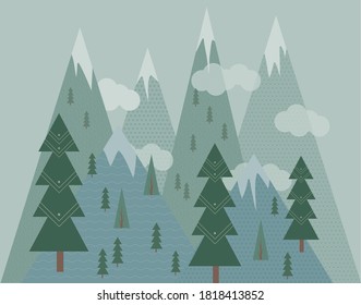 flat landscape wallpaper design, cartoon mountains and pines background vector, green hills