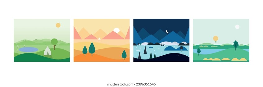 Flat Landscapes View and Picture as Game Background Vector Set