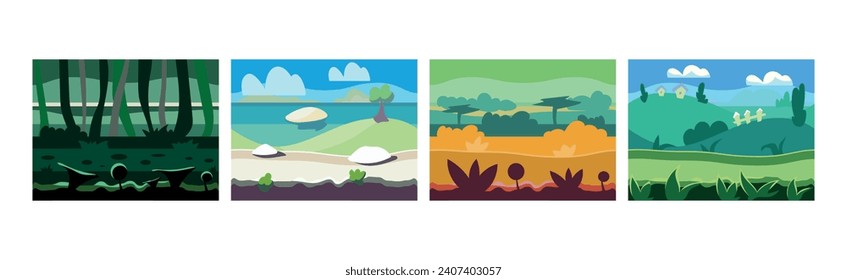 Flat Landscapes View and Picture as Game Background Vector Set