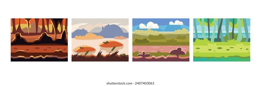 Flat Landscapes View and Picture as Game Background Vector Set