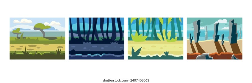 Flat Landscapes View and Picture as Game Background Vector Set