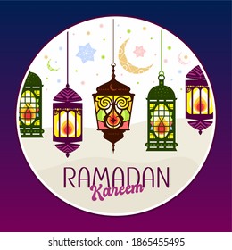 Flat lanterns hanging on a light background decorated with stars and crescent, placed in a circle. Card design for Ramadan Kareem