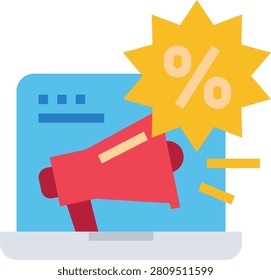 A flat a laptop with a blue screen. A red megaphone is placed in front of the screen, and a yellow starburst shape with a percentage sign is positioned above and to the right of the megaphone. This visual online promotion, digital marketing, sales, discounts, or special offers. The are clean and with a white background.