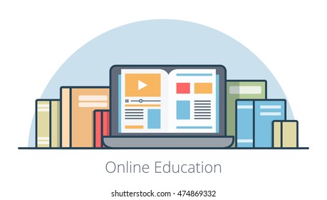 Flat laptop with book on screen vector illustration. Online education course and knowledge concept.