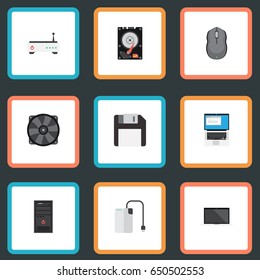 Flat Laptop, Control Device, Router And Other Vector Elements. Set Of PC Flat Symbols Also Includes Router, Fan, Computer Objects.