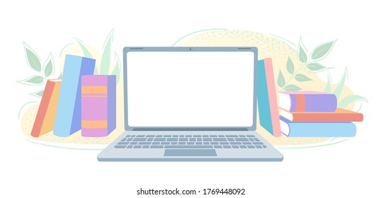Flat laptop with copy space and books. Internet information technology concept illustration. Blank screen in computer with bookshelves banner. Online study class, distance education. E-learning cover.