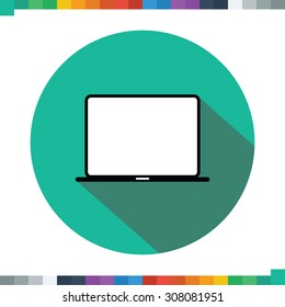 Flat laptop icon in a circle with a long shadow.