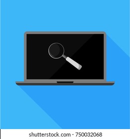  Flat laptop icon. Magnifier