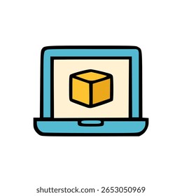 Flat laptop icon with yellow 3D box on screen, cartoon style online product display illustration