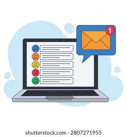 Flat laptop illustration displaying email notification and inbox interface, digital communication concept, isolated vector graphic for online messaging, office productivity, internet correspondence, and technology services.