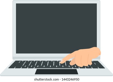 Flat laptop with keybord and hand. Isolated notebook with empty screen.